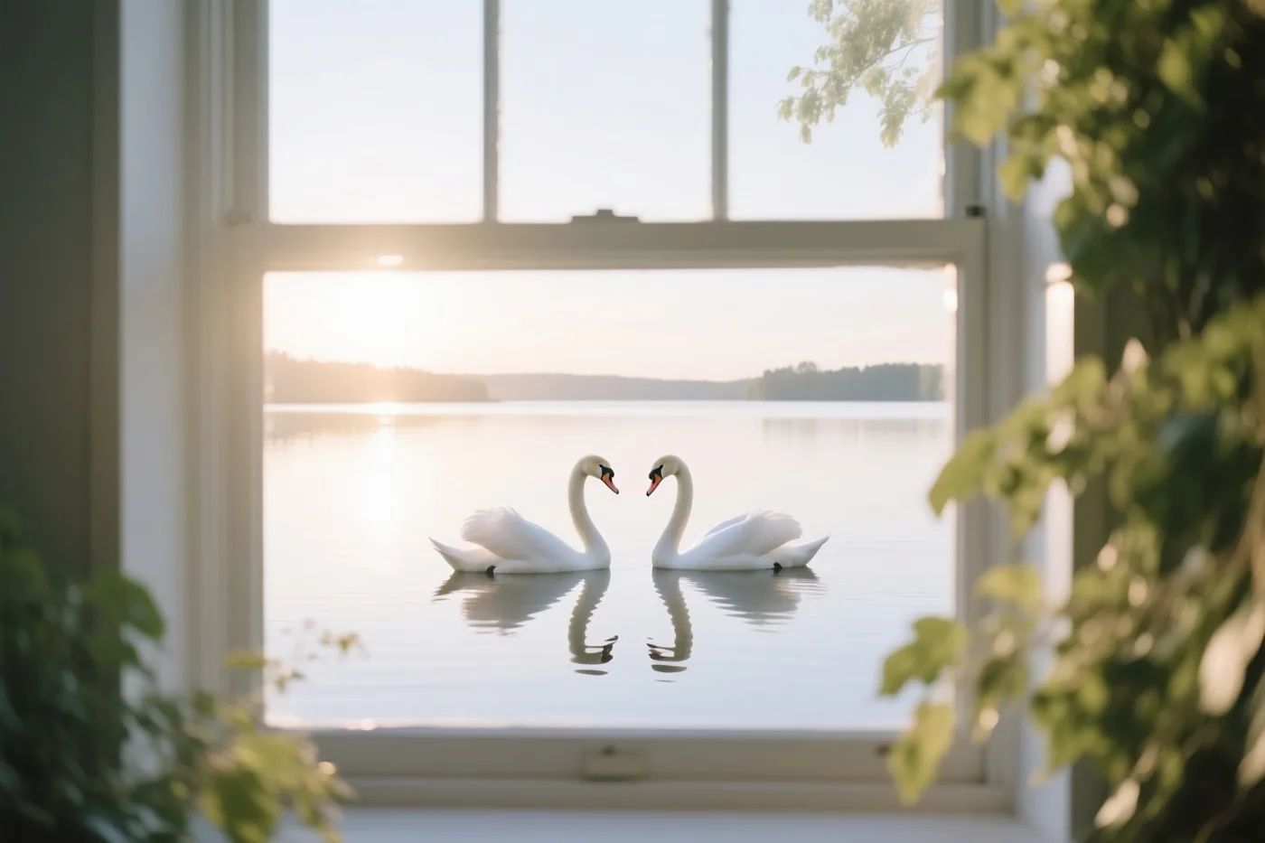 Door een raam zijn twee witte zwanen te zien die bij zonsopgang naast elkaar over een rustig meer glijden, met onscherp groen op de voorgrond.