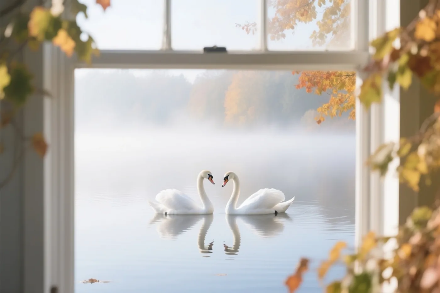 Door een raam zijn twee witte zwanen op een mistig meer te zien, met herfstbladeren op de voorgrond en zacht ochtendlicht op het water.