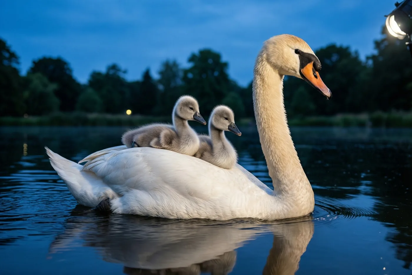 Een zwaan glijdt in de schemering met twee grijze jongen op haar rug over een rustige vijver, in koele blauwe tinten met warme lichtaccenten op de veren.