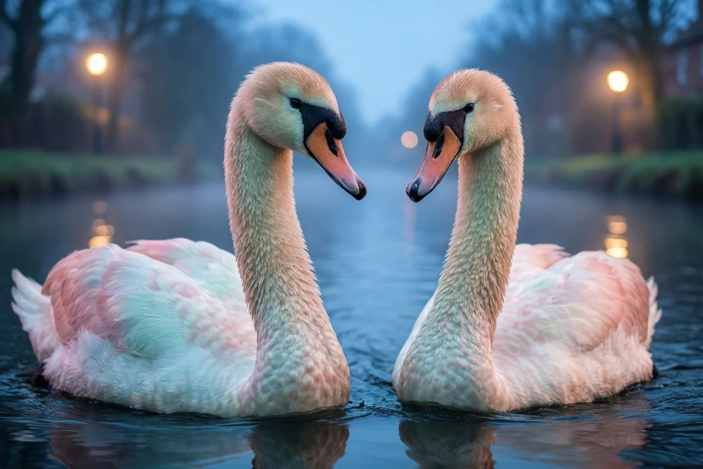 Twee zwanen zwemmen naast elkaar op een mistig kanaal in de schemering, in koele blauwe en zachtroze tinten.