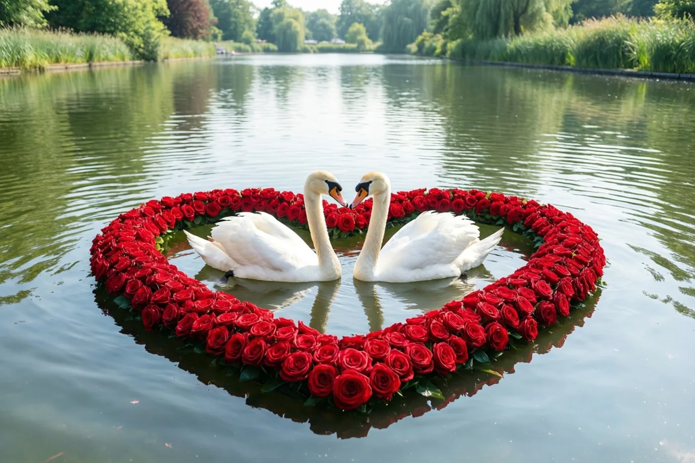 Twee witte zwanen raken elkaars snavel binnen een drijvende hartvormige krans van rode rozen op een rustige vijver, omringd door riet en bomen in helder daglicht.