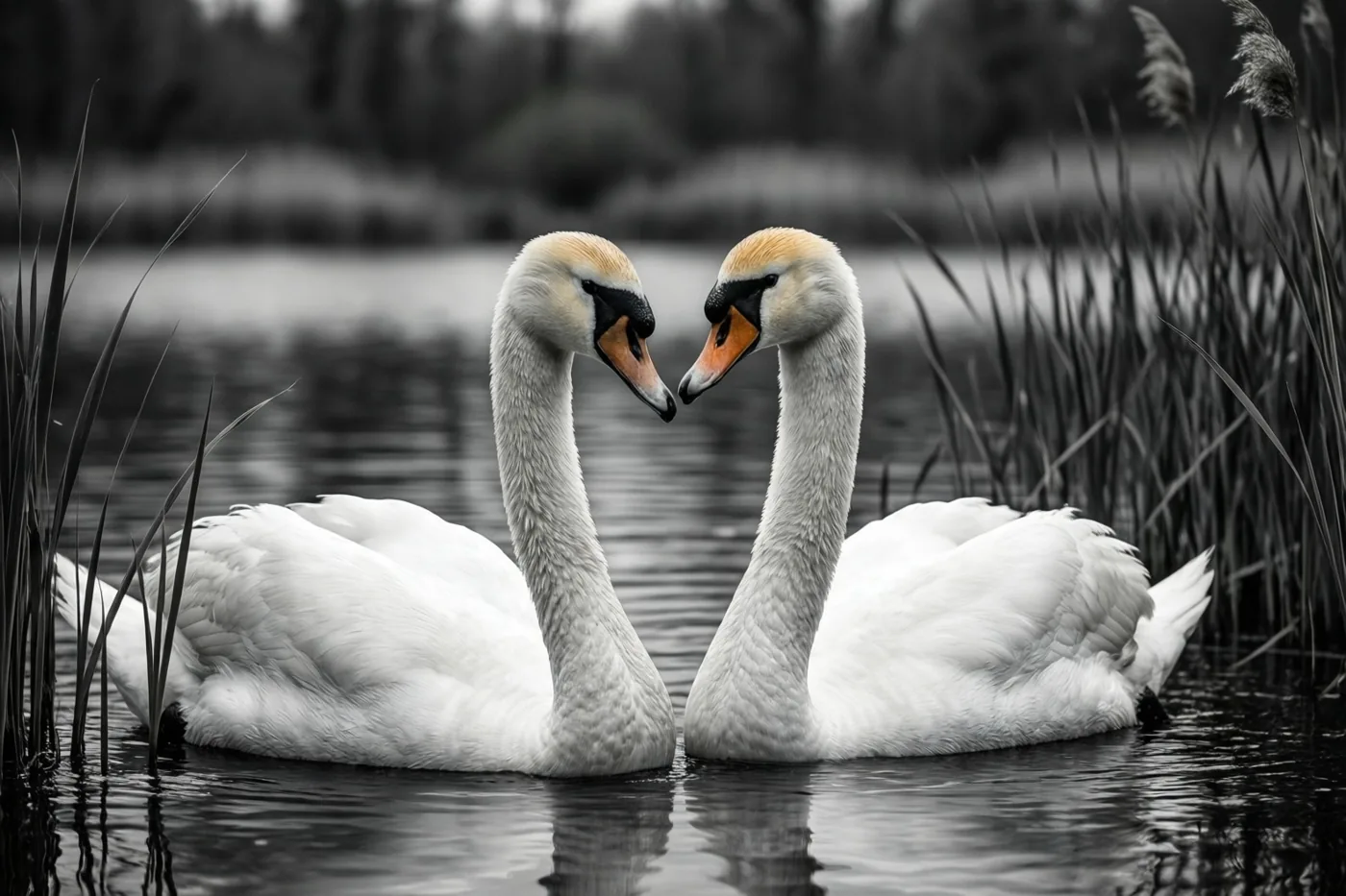Twee zwanen glijden naast elkaar over een rustig meer tussen hoog riet, in zwart-wit met oranje snavels en goudkleurige koppen.