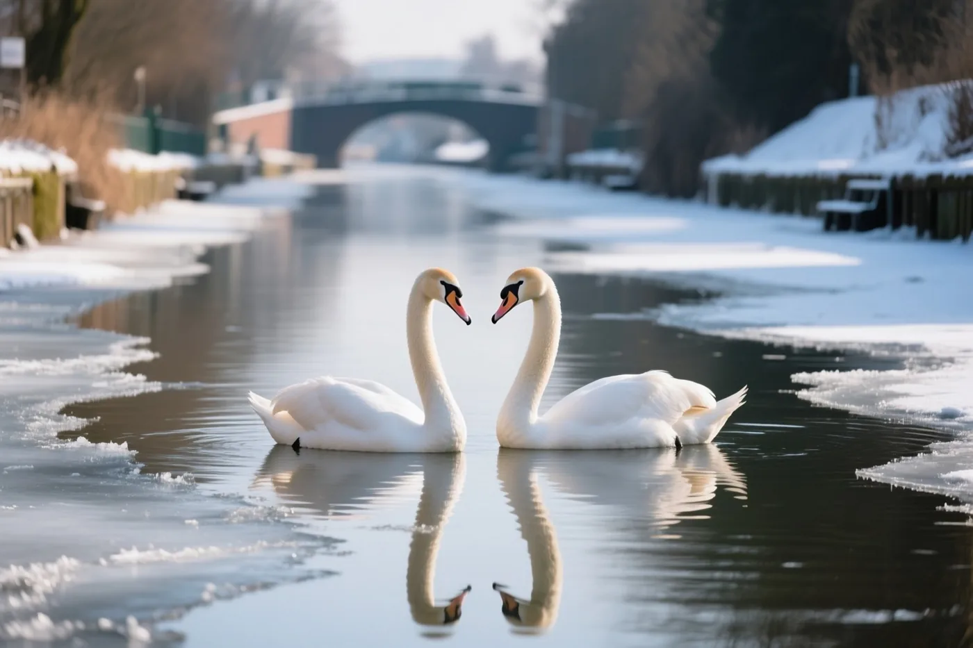 Twee witte zwanen zwemmen naar elkaar gericht in een kanaal met stukken ijs, besneeuwde oevers en een brug op de achtergrond in zacht daglicht.