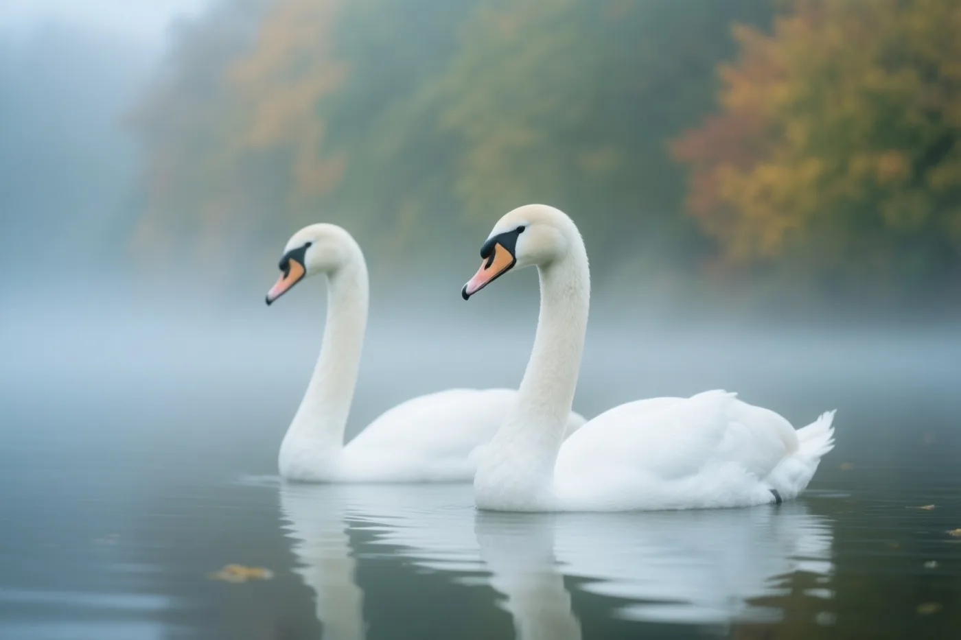 Twee witte zwanen zwemmen op een rustig meer met mist, omringd door bomen in groene en gele herfsttinten.