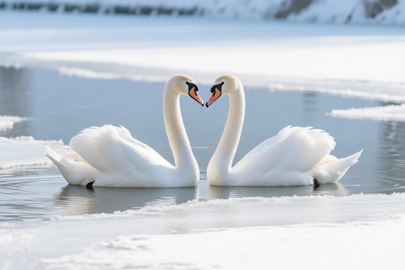 Twee witte zwanen raken elkaars snavel en vormen met hun gebogen halzen een hart op een deels bevroren kanaal met sneeuw op de achtergrond.