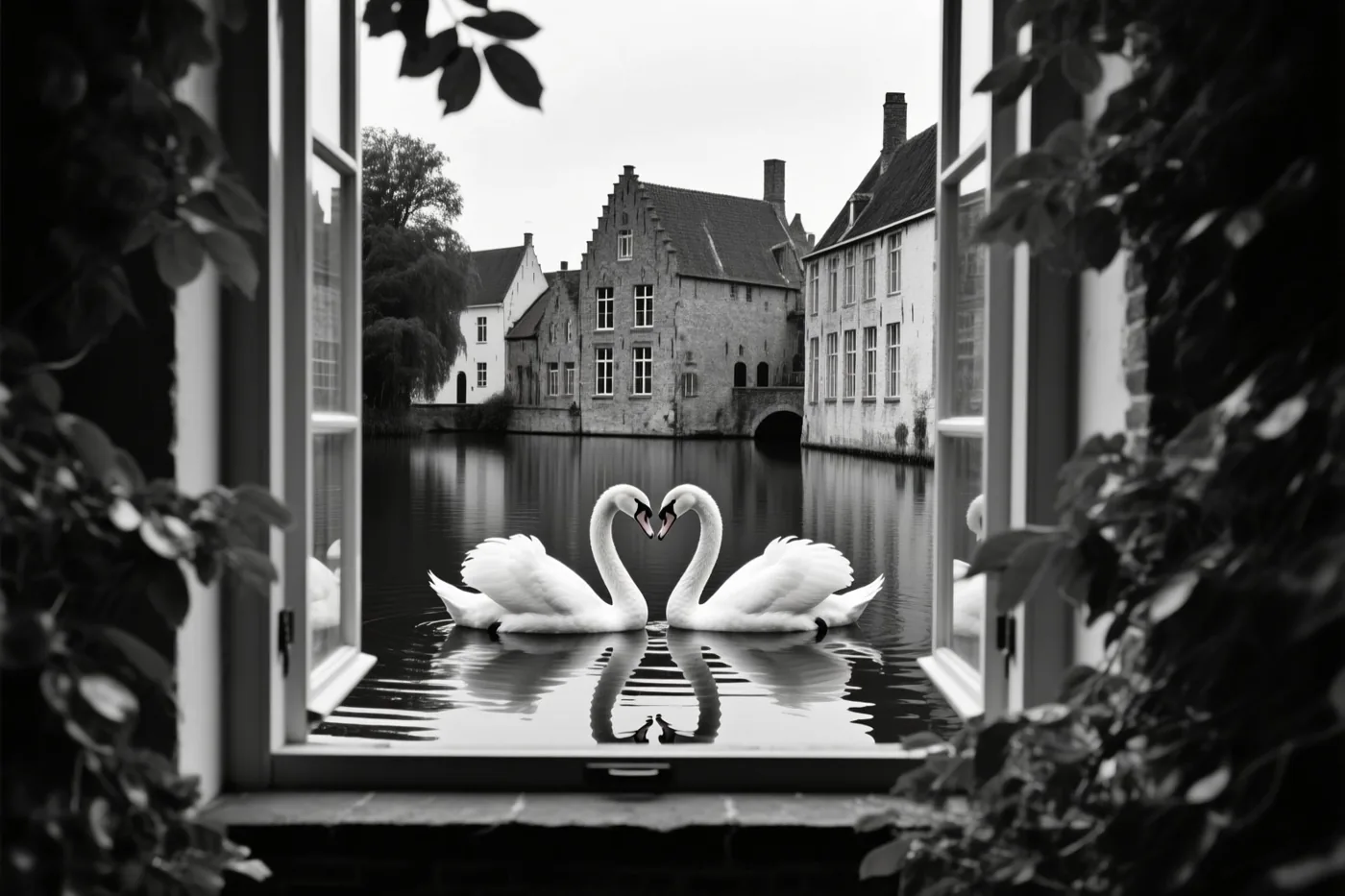 Een zwart-witfoto toont door een open raam met groen twee zwanen die met hun halzen een hart vormen op rustig water bij historische Vlaamse gebouwen.