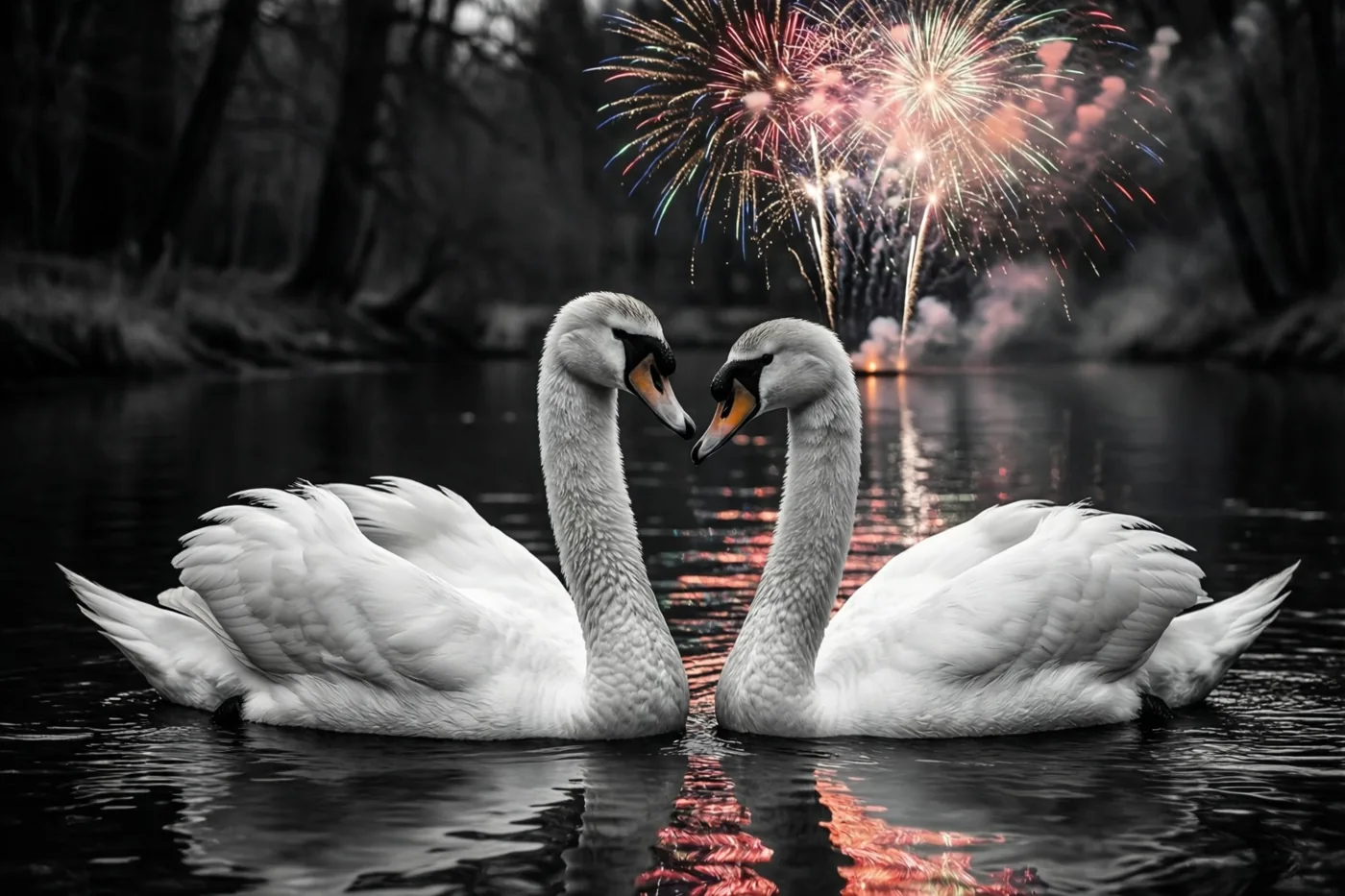 Twee witte zwanen zwemmen op een donkere rivier met hun halzen in een hartvorm, terwijl kleurrijk vuurwerk weerspiegelt in de rimpels van het water.