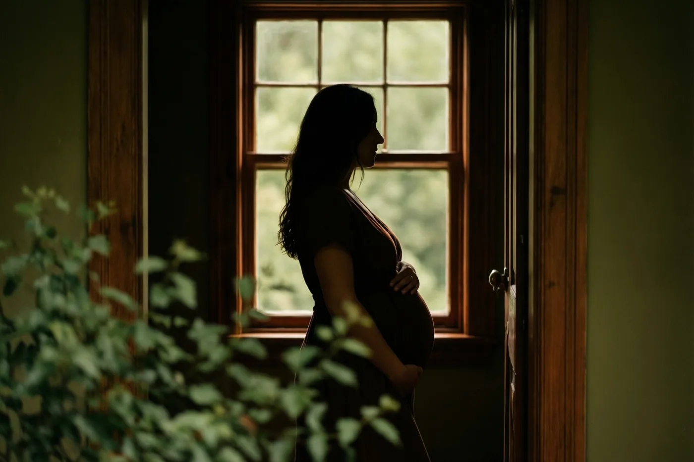 Een zwangere vrouw staat als silhouet bij een raam met houten kozijnen en kijkt naar buiten, met groen gebladerte op de voorgrond.