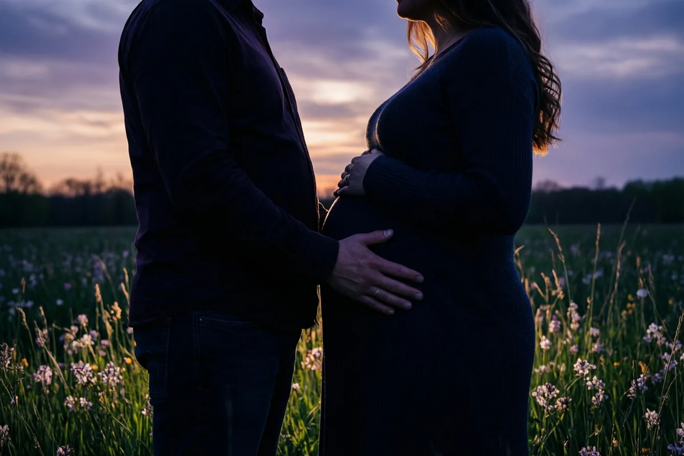 Een zwangere vrouw en haar partner staan naast elkaar in een lenteweide bij zonsondergang met hun handen op haar buik, in paarse en oranje schemertinten met wilde bloemen op de voorgrond.