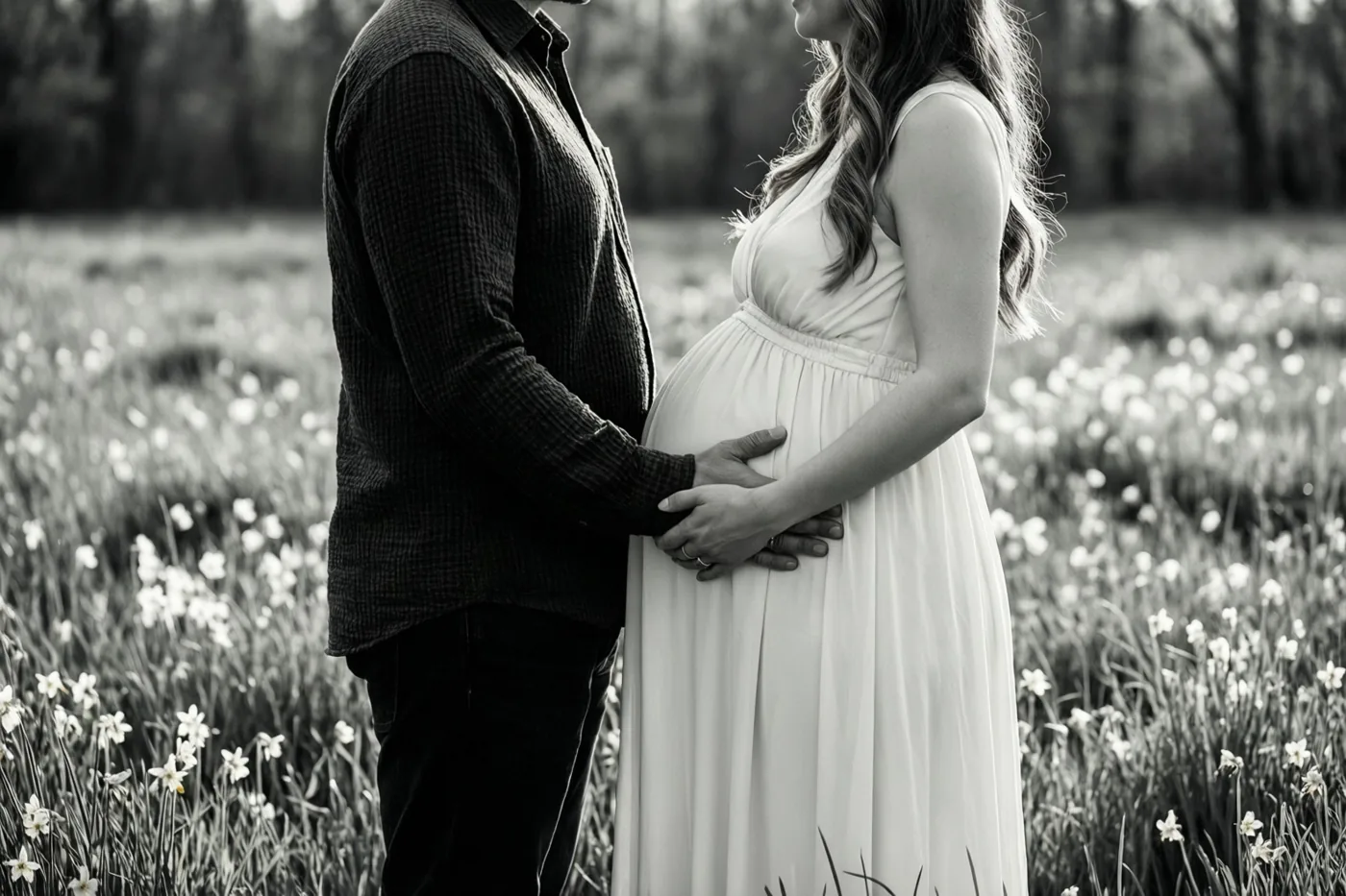 Een koppel staat naast elkaar in een lenteweide met hun handen op de zwangere buik van de vrouw, op een zwart-witfoto.