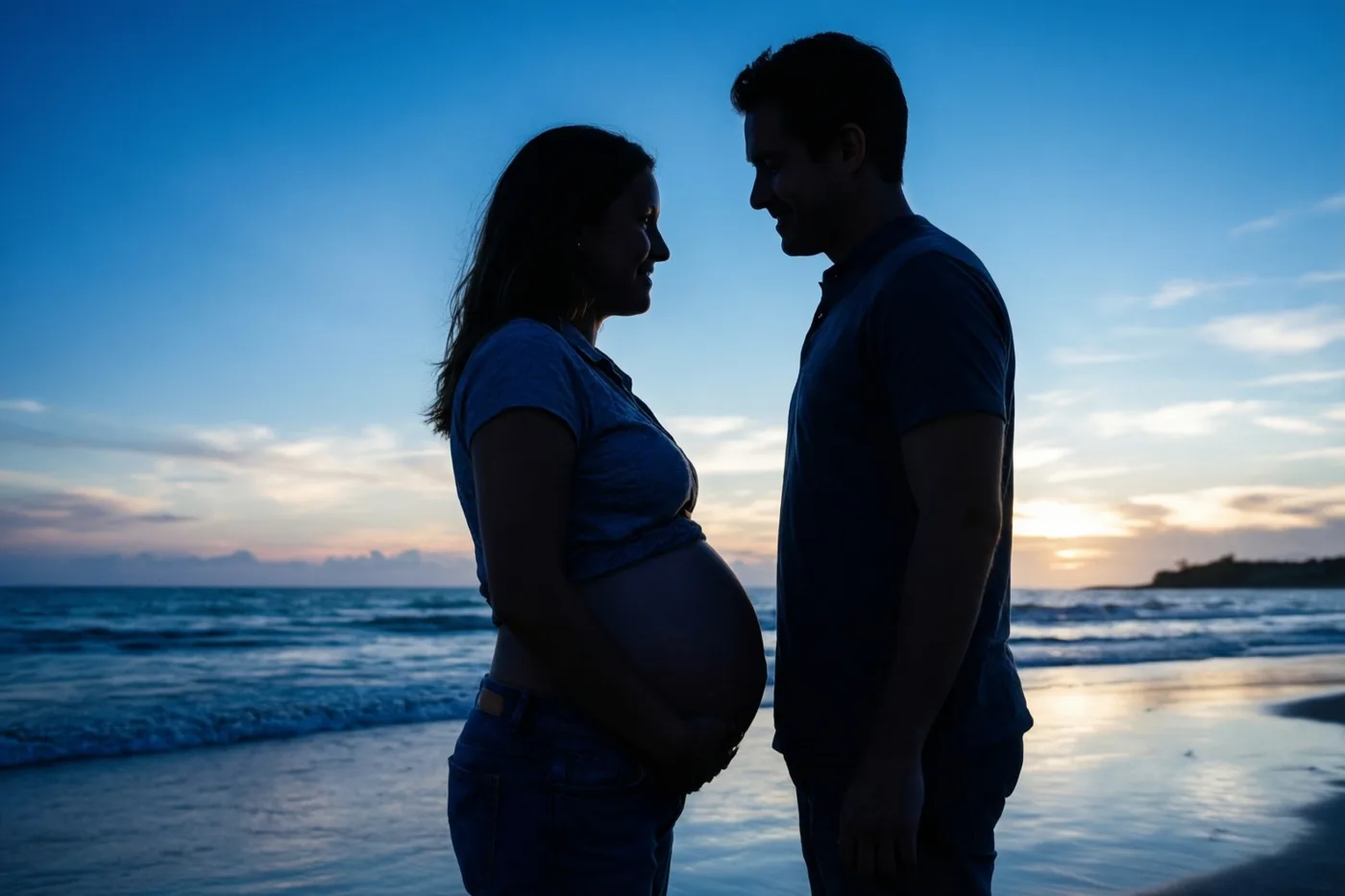 Een zwangere vrouw en een man staan op het strand tegenover elkaar als silhouetten bij een zonsondergang in blauwe en oranje tinten.