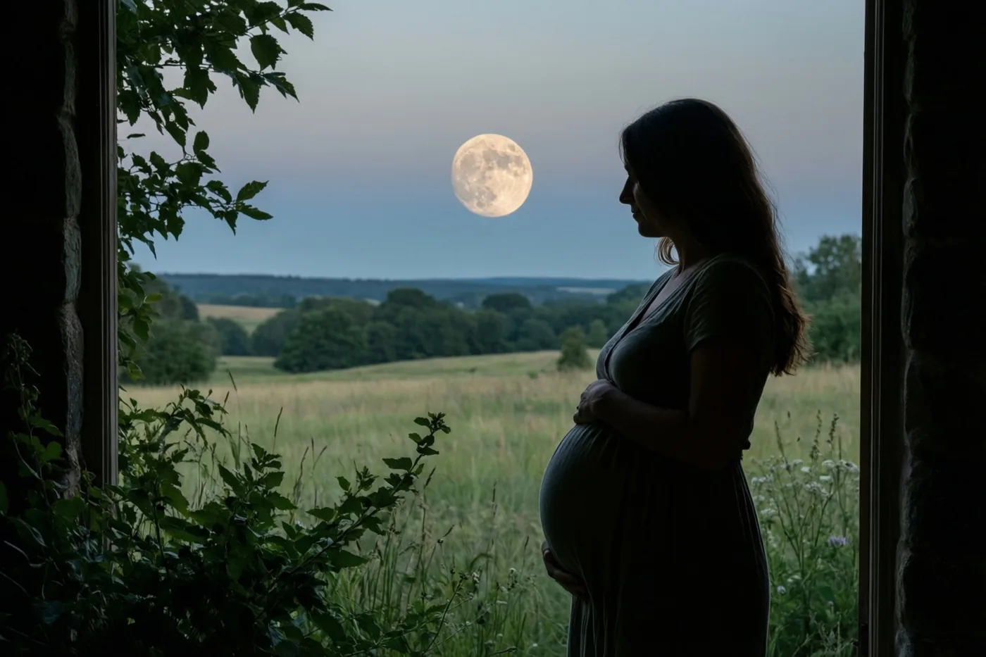 Het silhouet van een zwangere vrouw staat bij een open deuropening en kijkt uit op een weide onder een grote volle maan in de schemering.