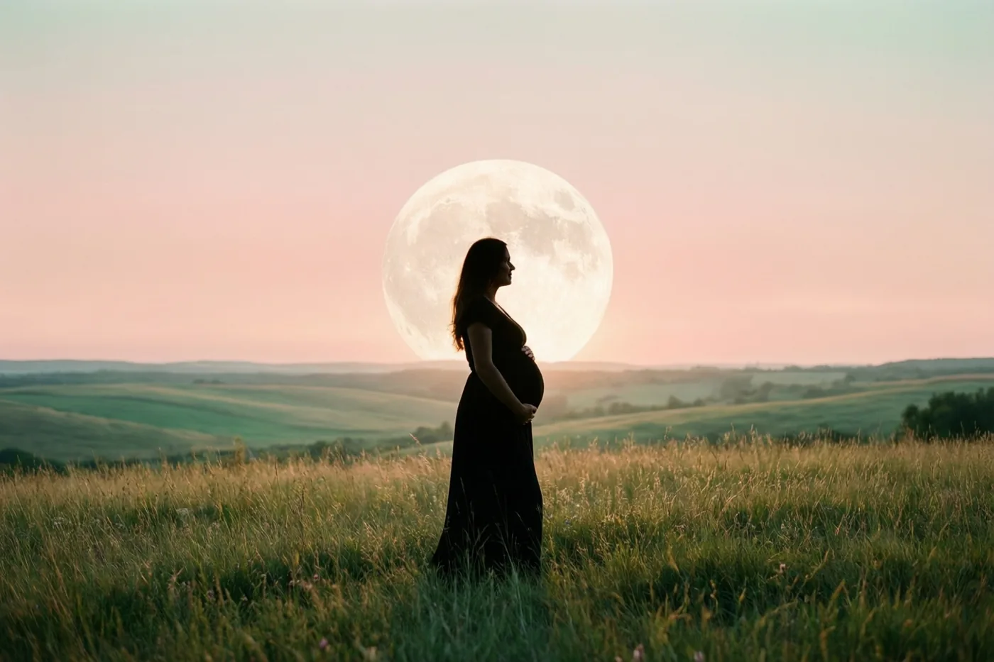 Een zwangere vrouw staat als silhouet naar rechts gericht in een grasweide met haar hand op haar buik, terwijl achter haar een grote volle maan opkomt in een roze en perzikkleurige avondlucht.