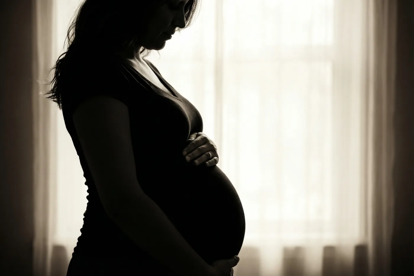 Een zwart-witfoto met een zachte warme tint toont het silhouet van een zwangere vrouw van opzij, met haar handen op haar buik voor een helder raam.