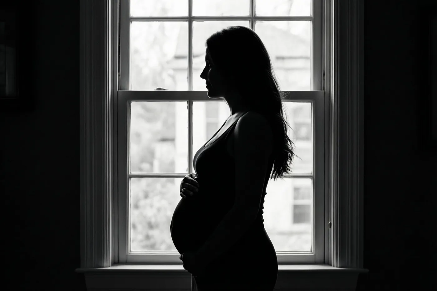 Een zwangere vrouw staat als silhouet bij een raam en kijkt naar buiten op een zwart-witfoto.
