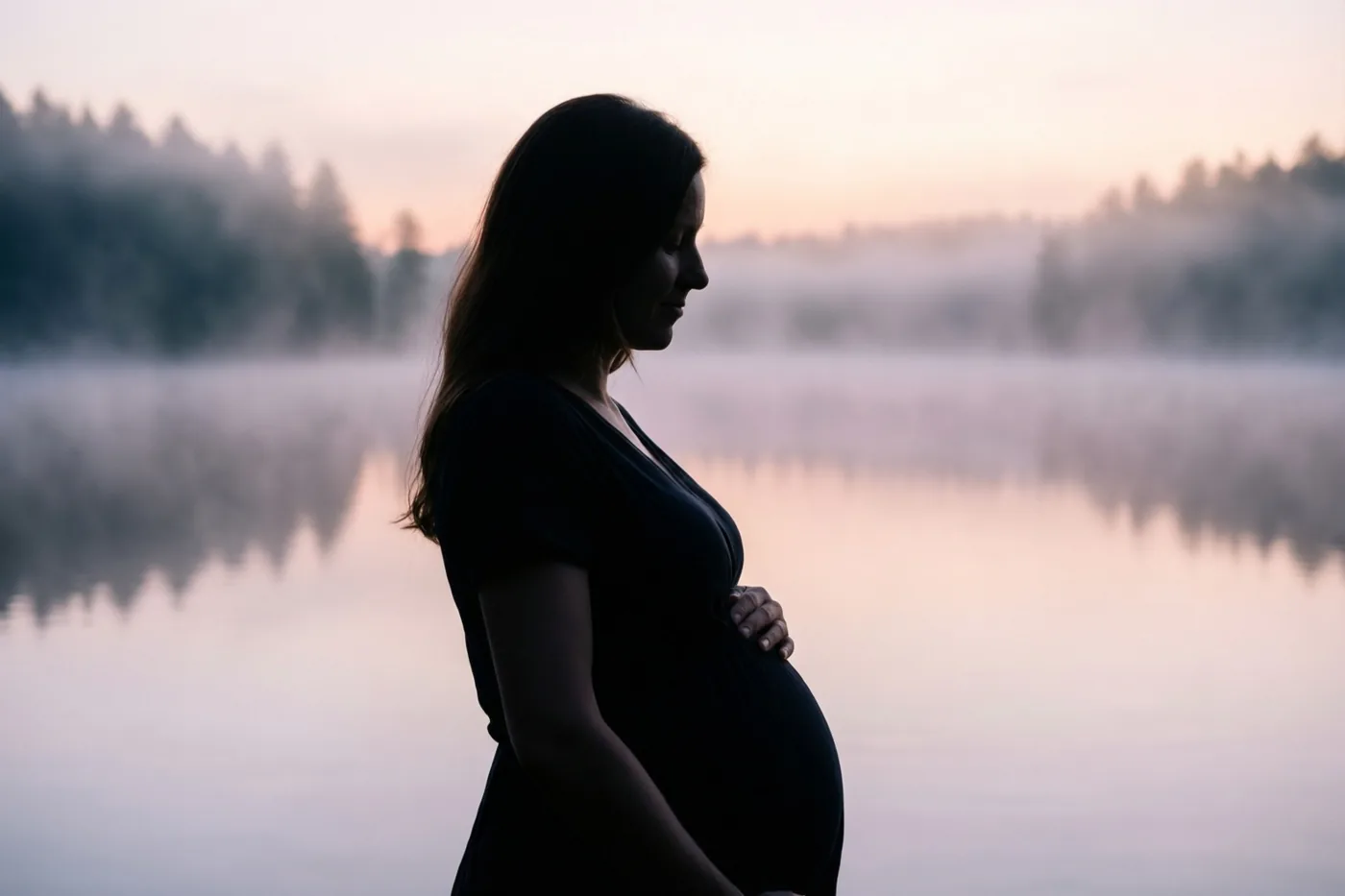Het silhouet van een zwangere vrouw staat bij dageraad aan een stil meer met een hand op haar buik, terwijl mist boven het water hangt in roze en paarse tinten.