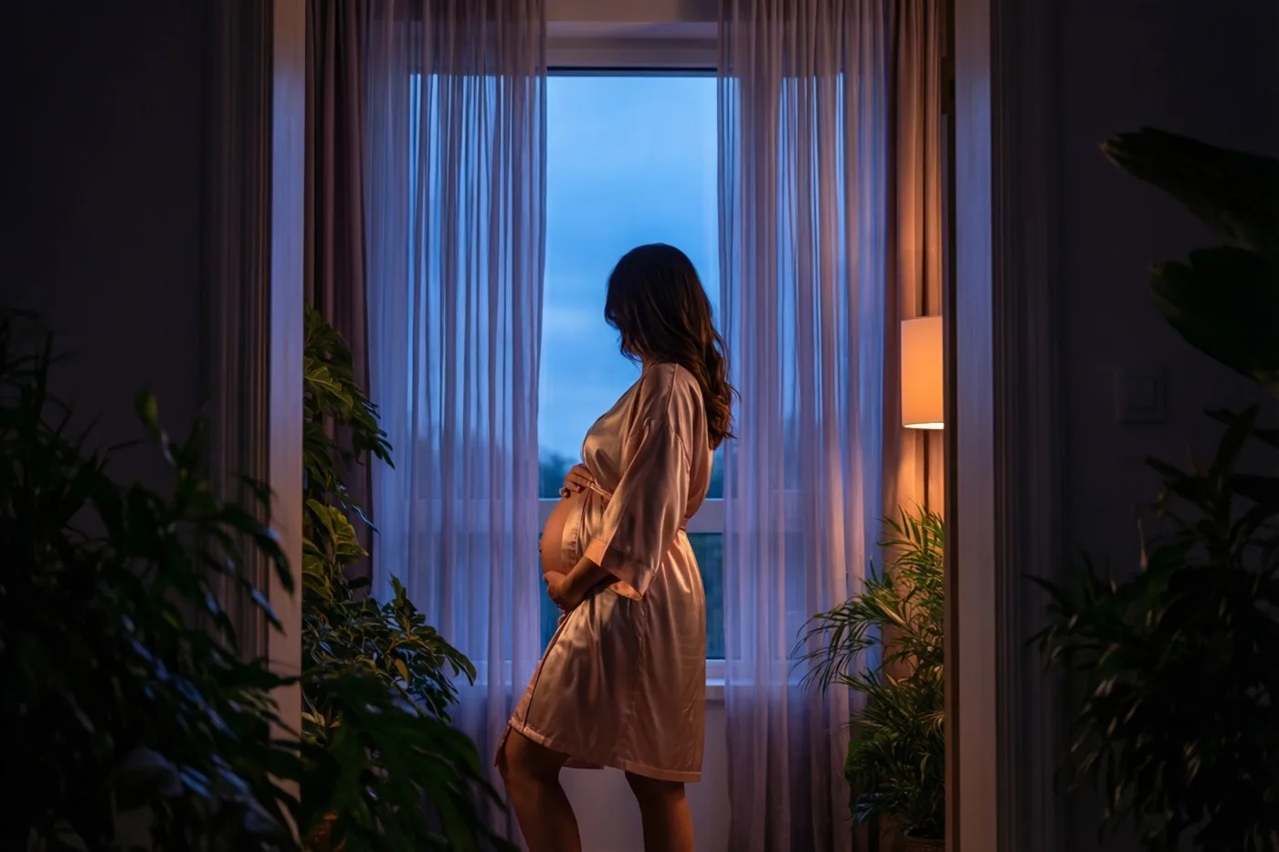 Een zwangere vrouw in een satijnen kamerjas staat met haar rug naar de camera en een hand op haar buik voor een hoog raam met doorschijnende gordijnen, met blauwe schemering buiten en warm licht binnen.