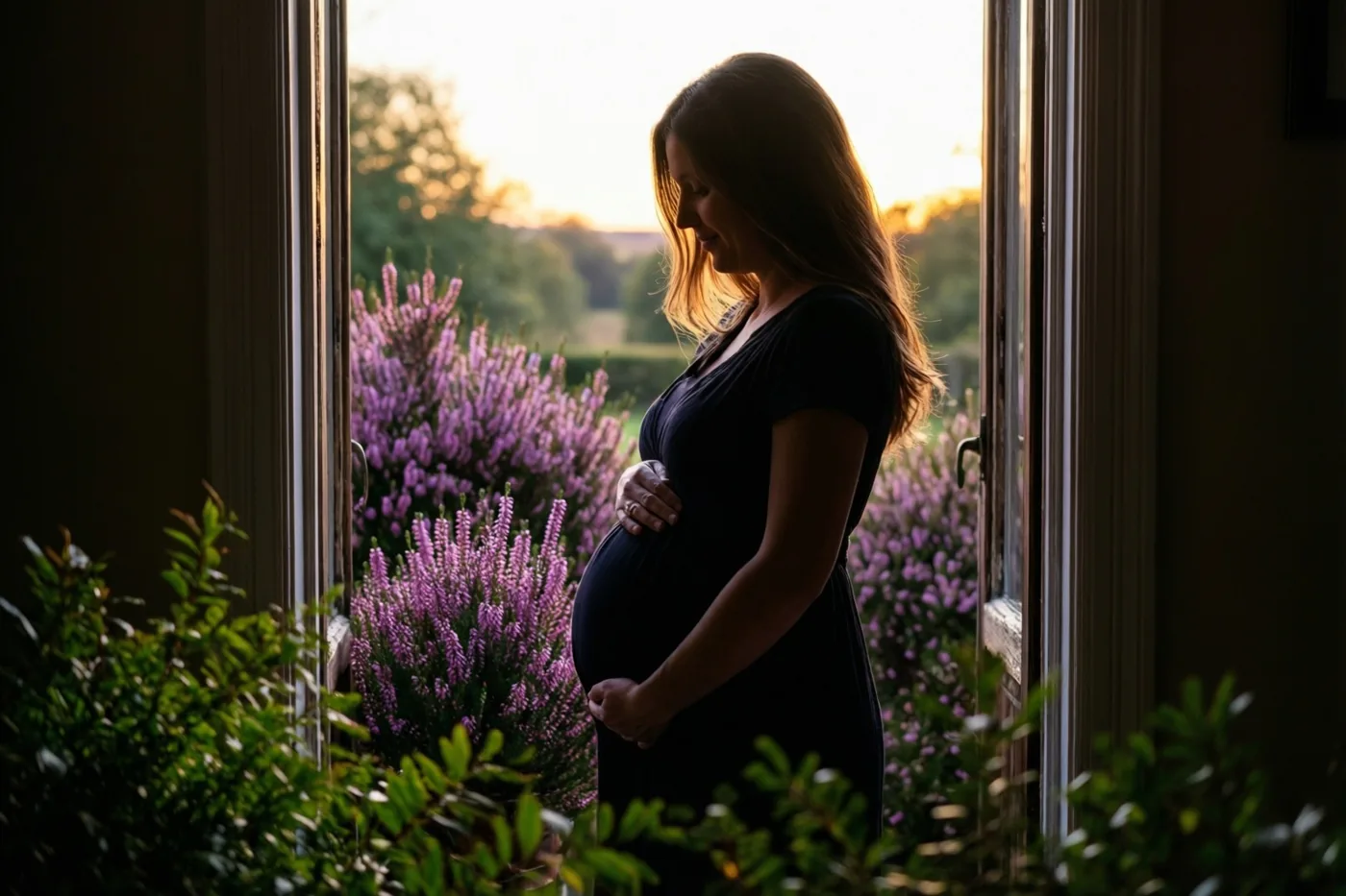 Een zwangere vrouw staat als silhouet met haar handen om haar buik bij een open raam, met uitzicht op paarsbloeiende heide in de schemering en warm gouden licht.