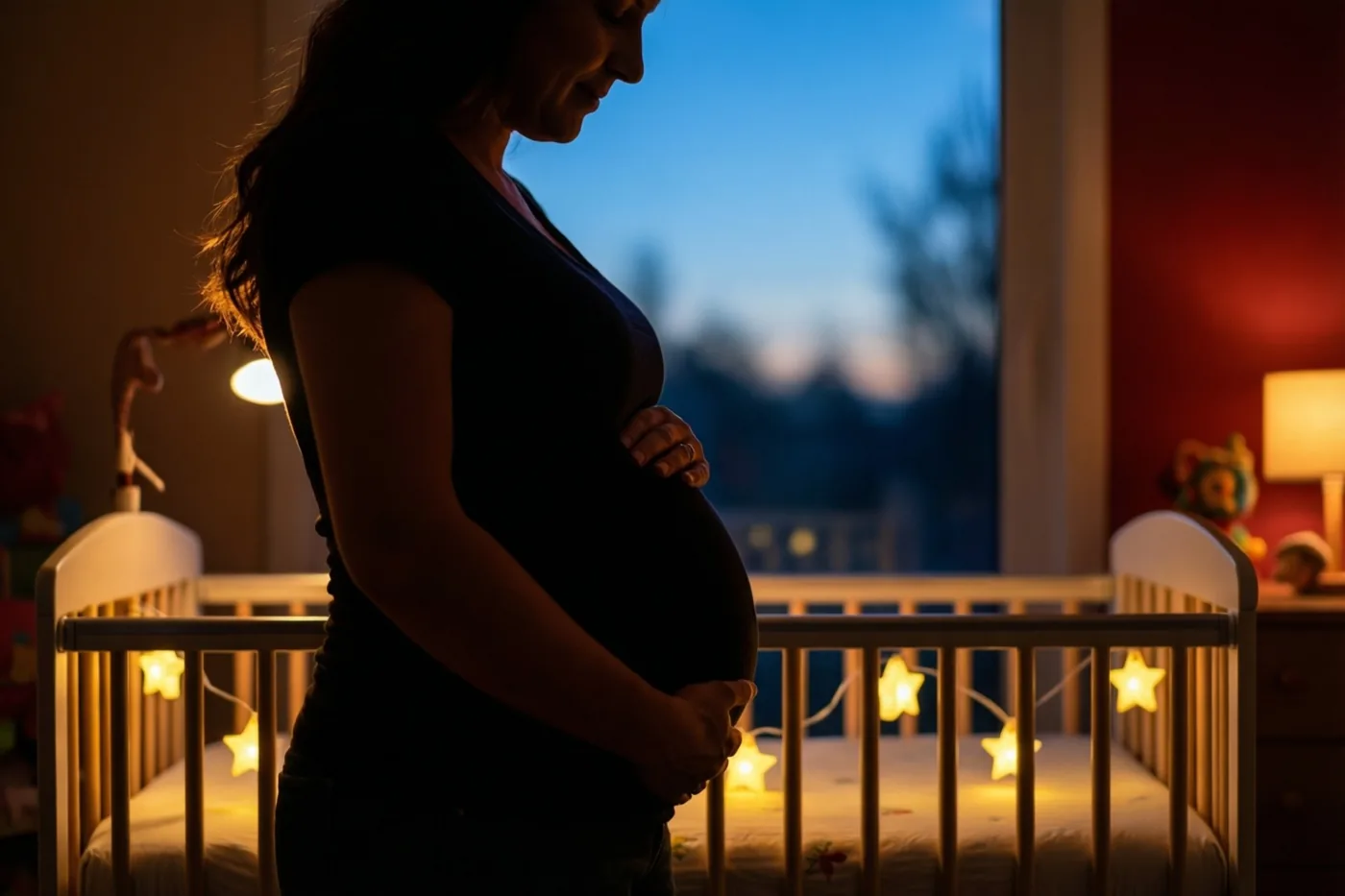 Een zwangere vrouw staat bij schemering in silhouet in een babykamer en houdt haar buik vast, met stervormige nachtlampjes in een babybedje in gele en diepblauwe tinten.