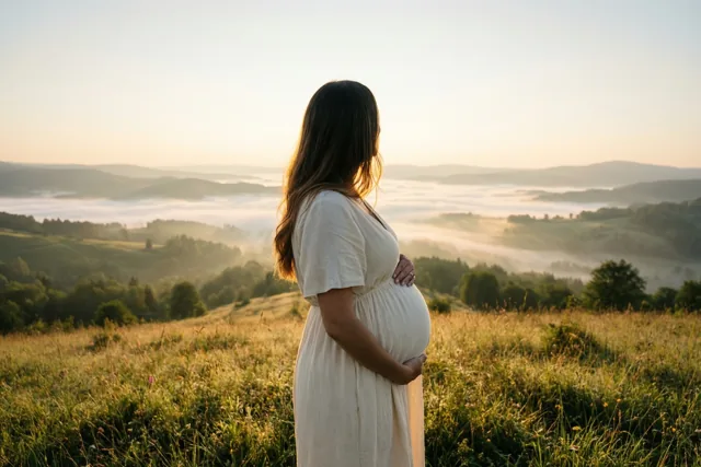 Een zwangere vrouw in een lichte jurk staat met haar rug naar de camera op een grasheuvel, houdt haar buik vast en kijkt bij dageraad uit over mistige valleien.