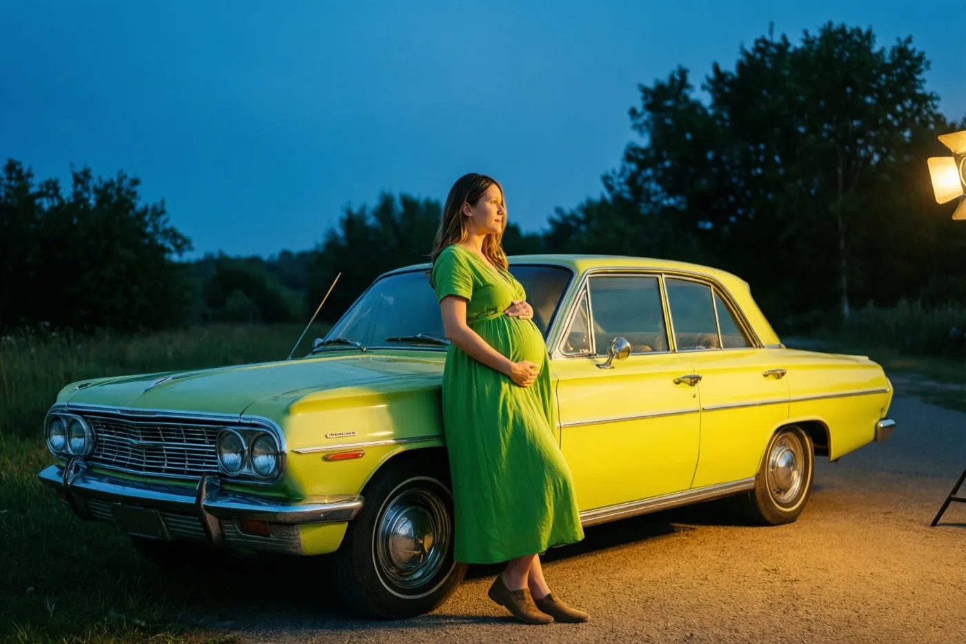 Een zwangere vrouw in een groene jurk staat in de schemering naast een felgele auto uit de jaren zestig op een grindweg, met een hand op haar buik en bomen op de achtergrond.