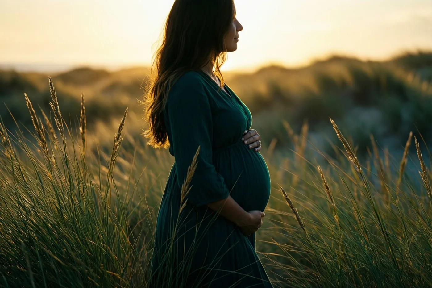 Een zwangere vrouw in een donkergroene jurk staat van opzij in hoog gras bij zonsopgang, met gouden licht en wazige duinen op de achtergrond.