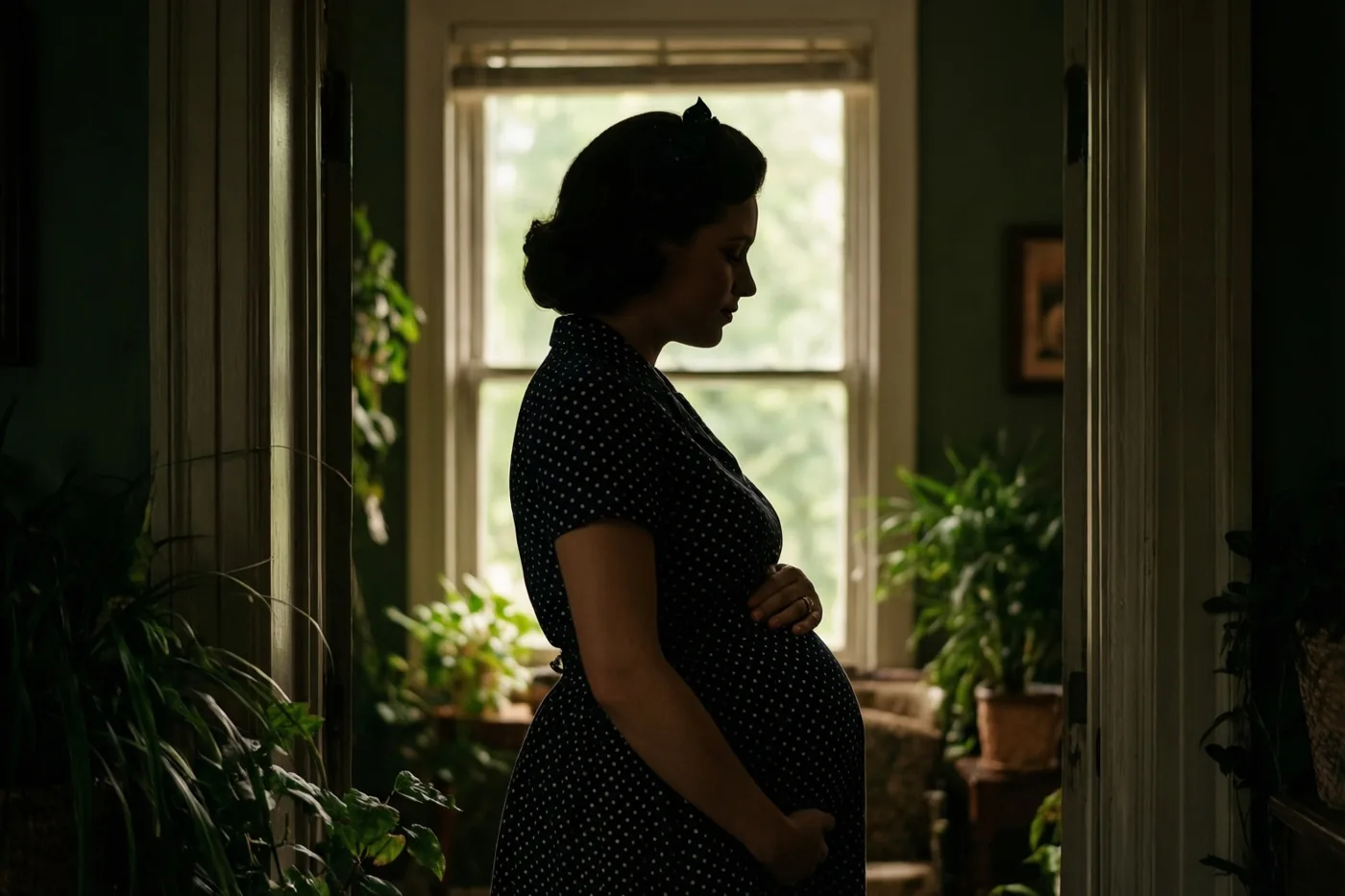 Een zwangere vrouw in een stippenjurk staat als silhouet met haar gezicht afgewend en een raam achter haar in een schemerige jarenvijftigkamer met groene muren en potplanten.