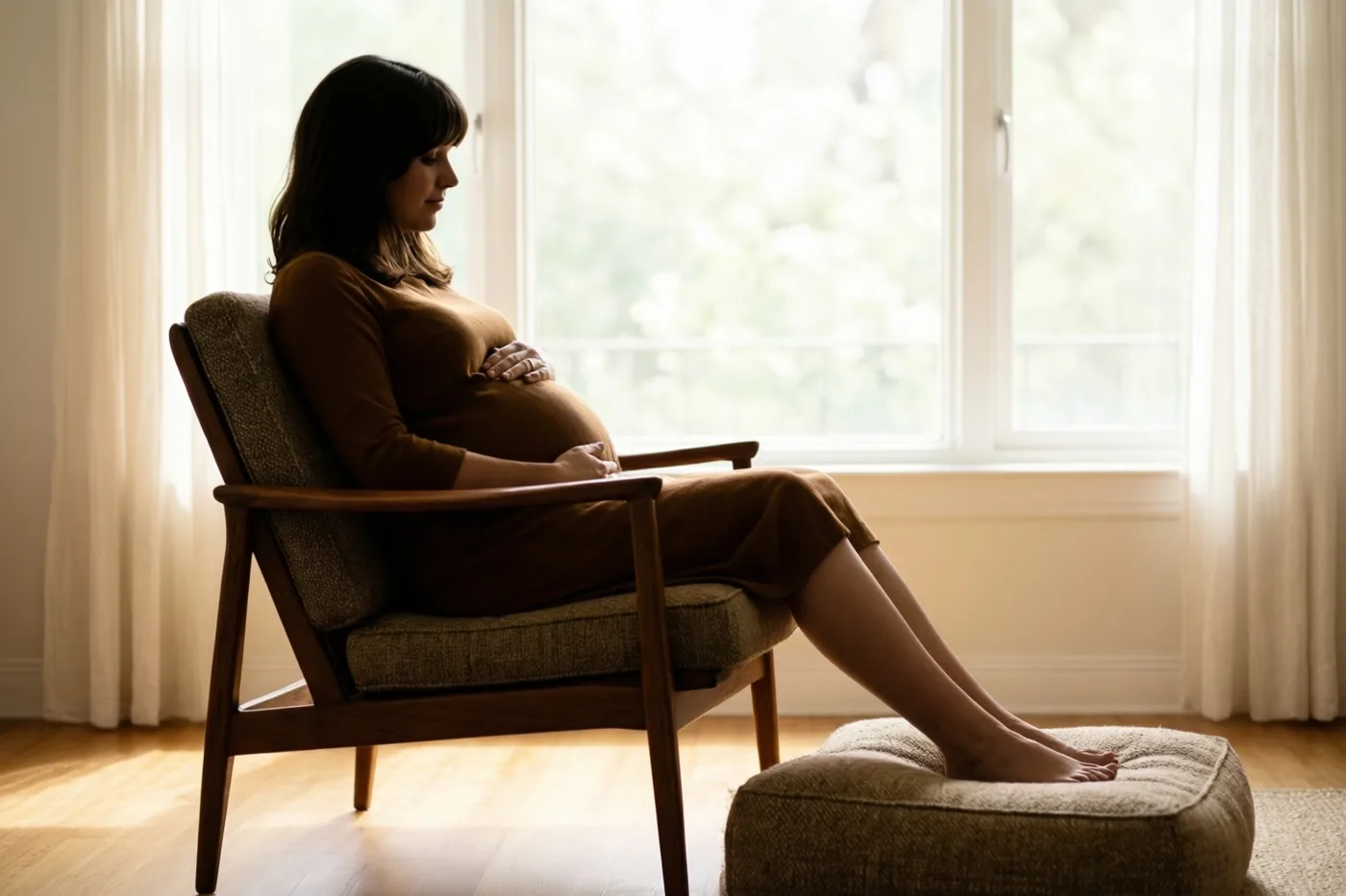 Een zwangere vrouw zit in profiel in een teakhouten fauteuil uit de jaren zestig met haar handen op haar buik en haar voeten op een bijpassende poef, in het zachte licht van een groot raam.