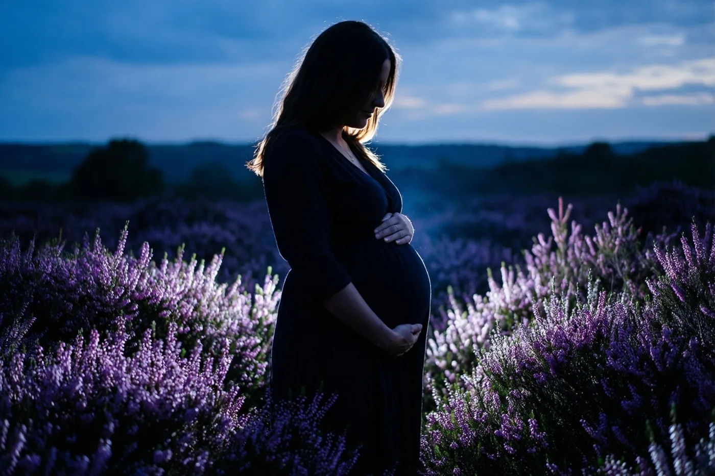 Het silhouet van een zwangere vrouw staat met haar handen om haar buik in een veld paarse heide bij schemering, in koele blauwe en paarse tinten.