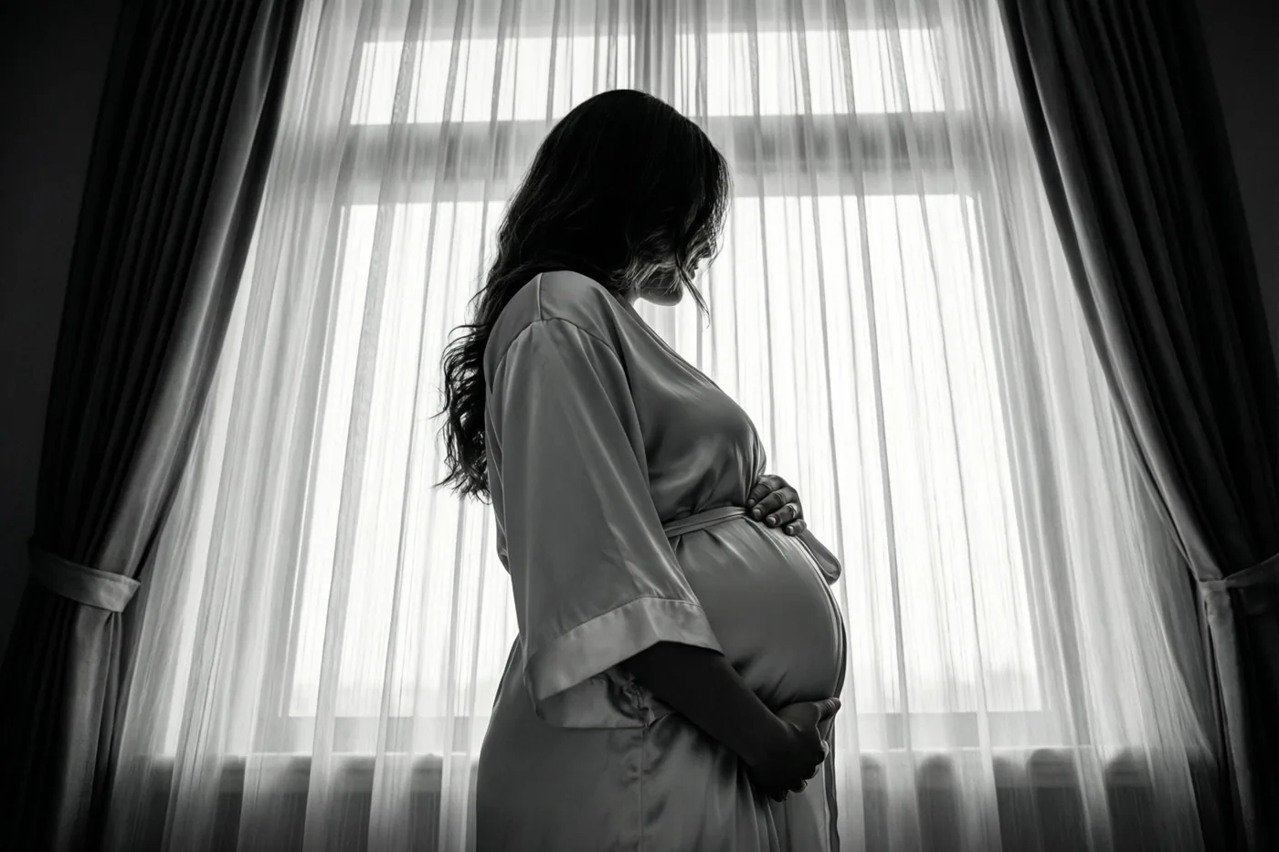 Een zwart-witfoto toont een zwangere vrouw in een satijnen kamerjas met haar rug naar de camera en een hand op haar buik voor een hoog raam met doorschijnende gordijnen.