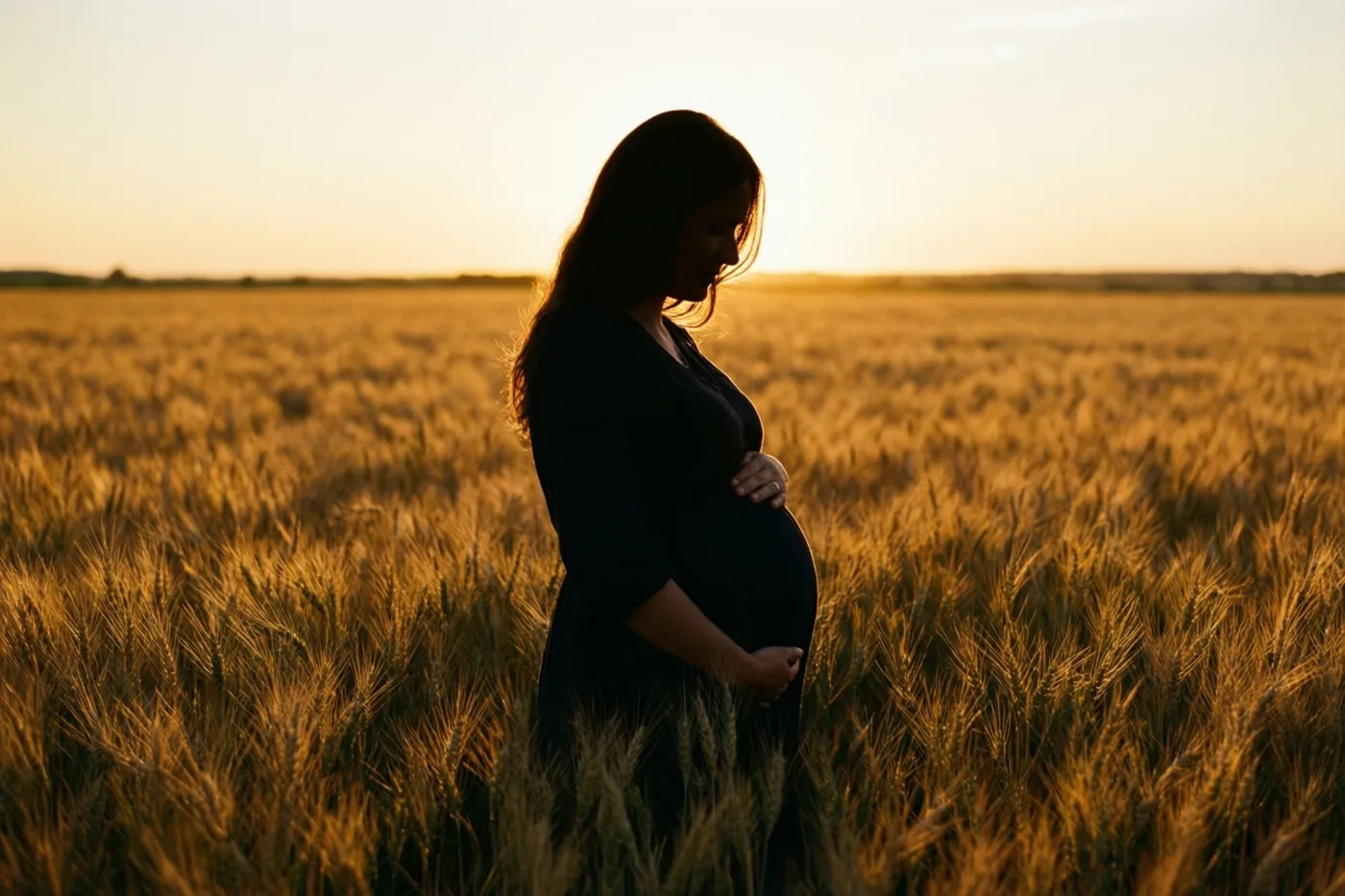 Het silhouet van een zwangere vrouw staat bij zonsondergang in een goudgeel tarweveld, met haar handen op haar buik.