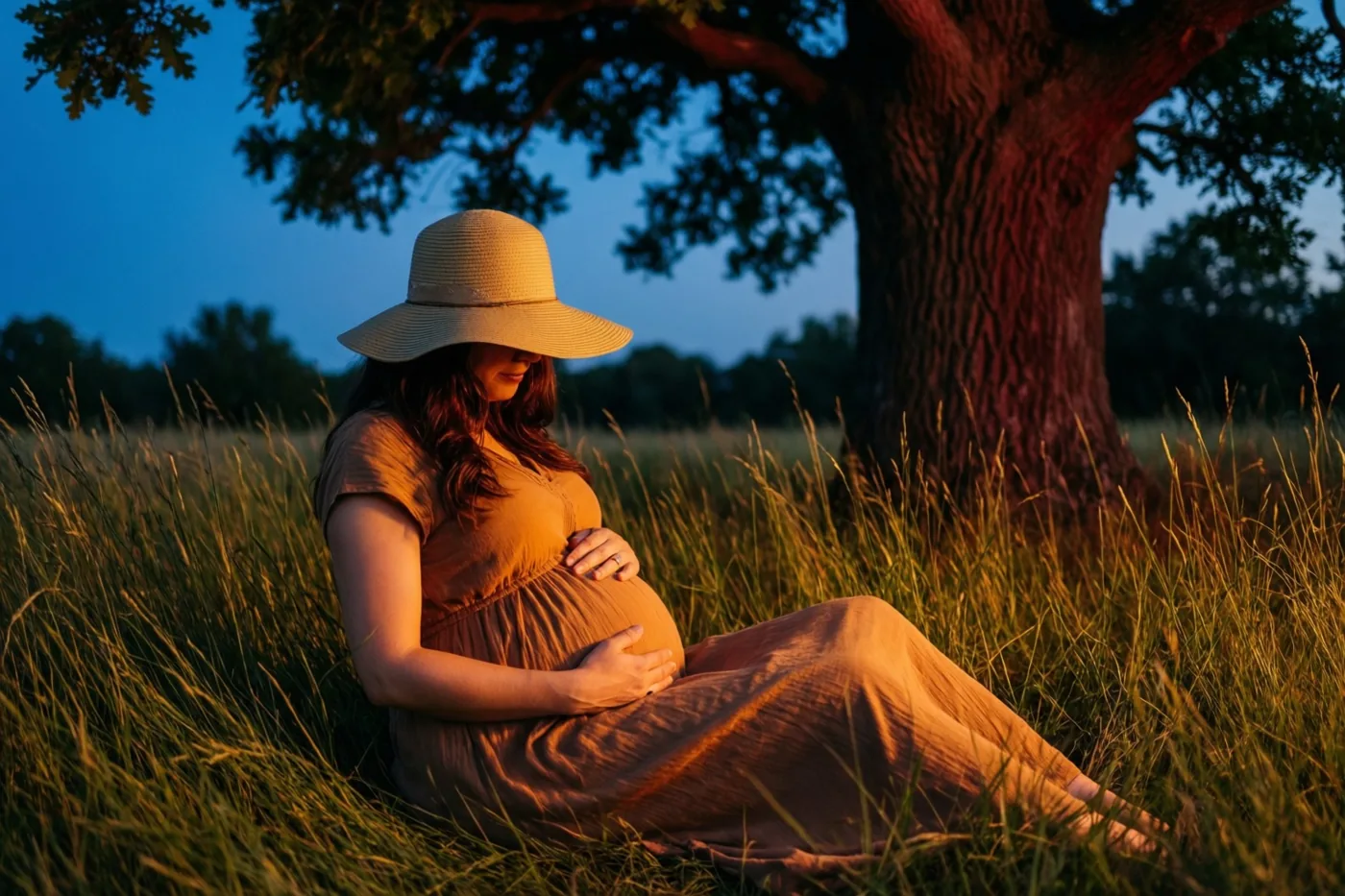 Een zwangere vrouw met een breedgerande hoed zit in hoog gras onder een grote eik en houdt haar buik vast, in warm goudkleurig licht onder een schemerblauwe hemel.