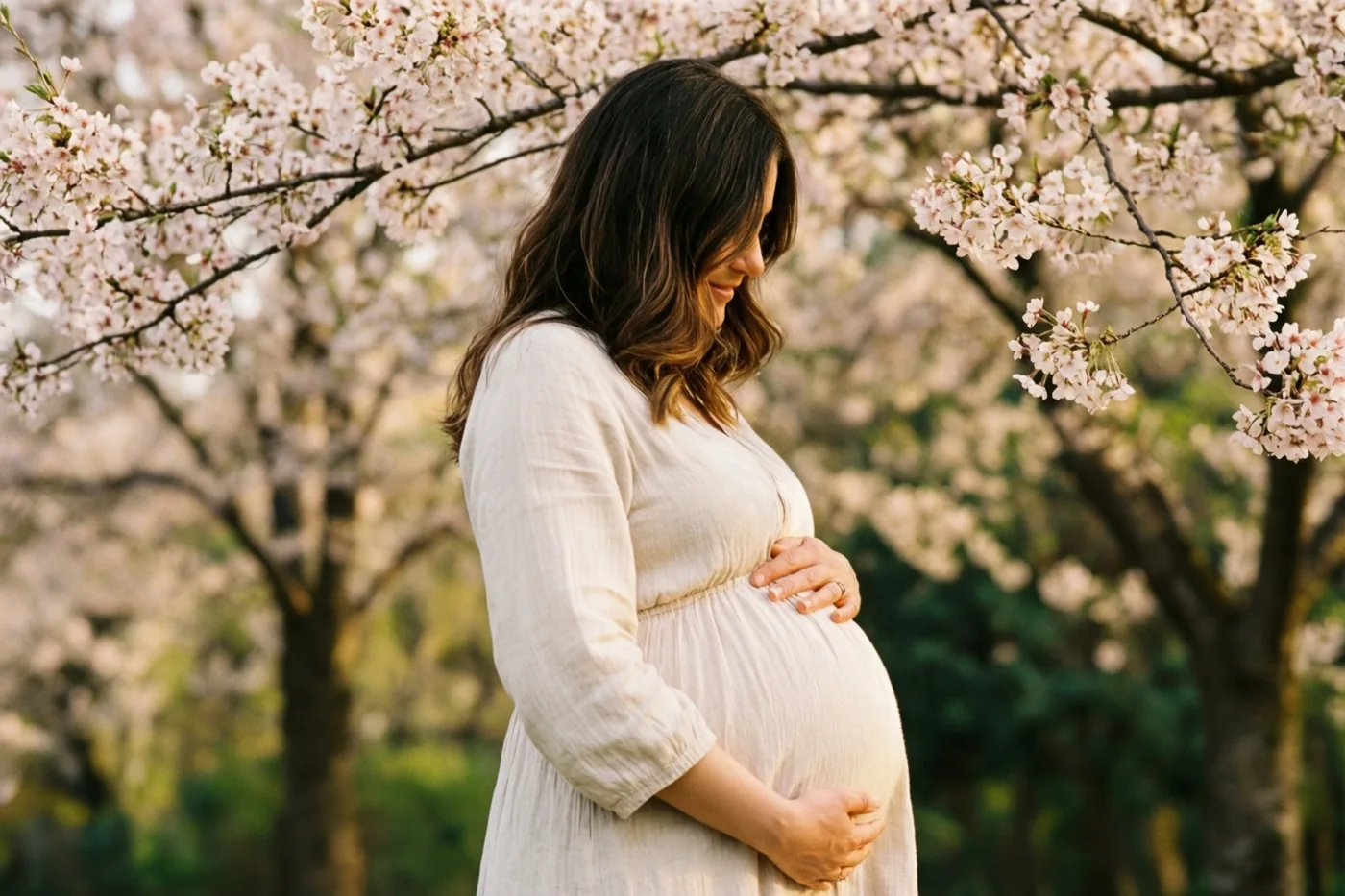 Een zwangere vrouw in een lichte jurk staat met beide handen op haar buik en haar hoofd afgewend onder kersenbomen met roze bloesems.