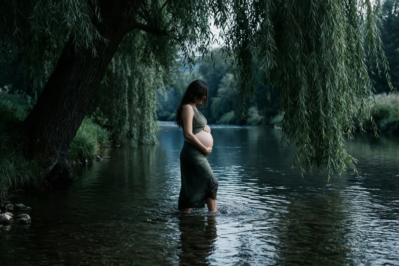 Een zwangere vrouw staat blootsvoets in ondiep rivierwater, houdt haar buik vast en kijkt weg tussen afhangende wilgentakken in gedempte groene en blauwe tinten.