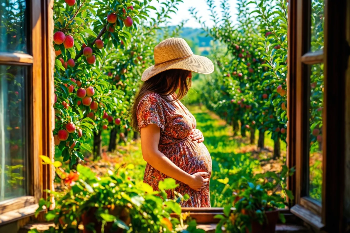Door een open raam is van opzij een zwangere vrouw met een strohoed in een zonnige appelboomgaard te zien, met een hand op haar buik tussen groene bomen en rode appels.