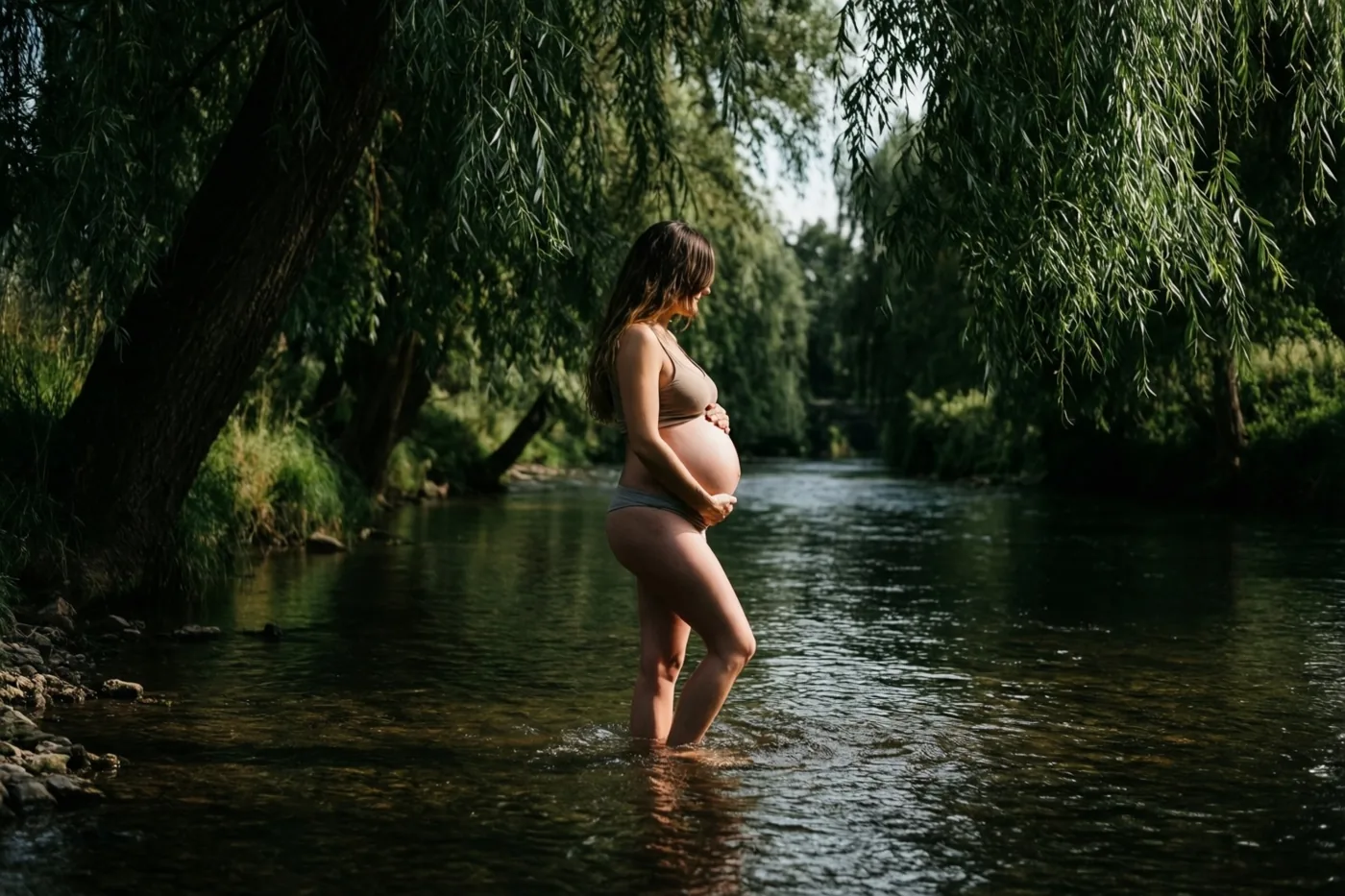 Een zwangere vrouw staat blootsvoets in ondiep rivierwater met beide handen op haar buik en haar gezicht afgewend, omringd door weelderige groene wilgen met takken boven het water.
