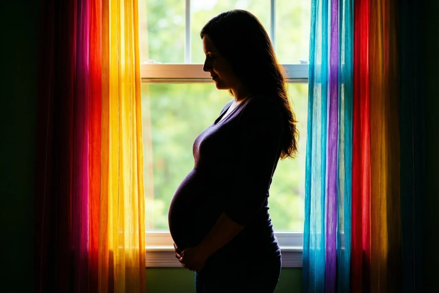 Een zwangere vrouw staat als silhouet bij een raam en kijkt naar haar buik, tussen gordijnen in rood, geel en blauw.