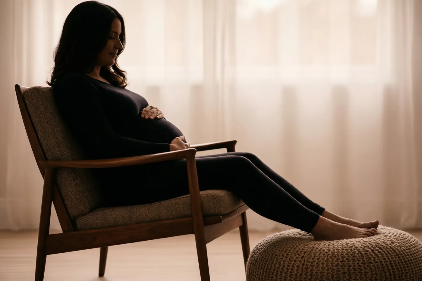 Een zwangere vrouw zit in een teakhouten fauteuil uit de jaren zestig met haar handen op haar buik en haar voeten op een gebreide poef, voor doorschijnende gordijnen in zacht, warm licht.