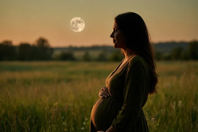 Een zwangere vrouw staat van opzij in een grasweide met haar hand op haar buik terwijl een volle maan opkomt in een goudkleurige en oranje schemerlucht.