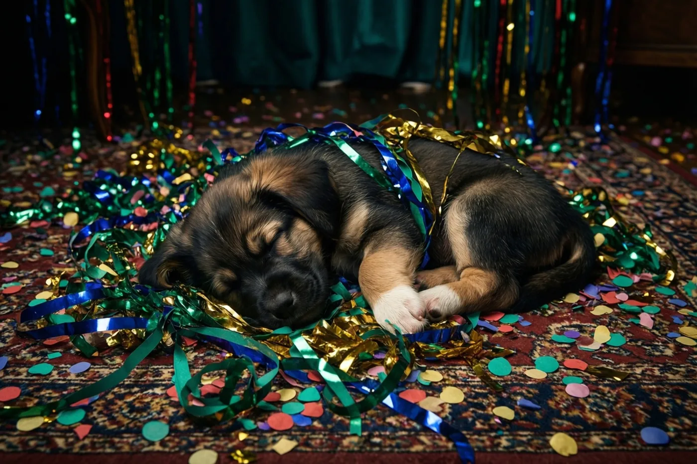Een kleine zwart-bruine puppy slaapt op een tapijt met een patroon tussen kleurrijke confetti en verwarde slingers, met vooral groene, gouden en blauwe tinten.