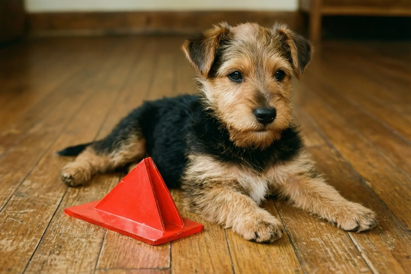 Een zwart-bruine terriërpup ligt op een houten vloer naast een kleine rode papieren mijter in warm licht.