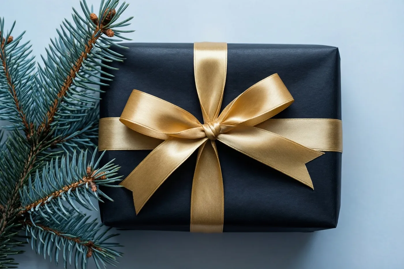Een cadeau in matzwart papier met een goudkleurig zijden lint ligt naast een dennentakje tegen een effen lichtblauwe achtergrond.