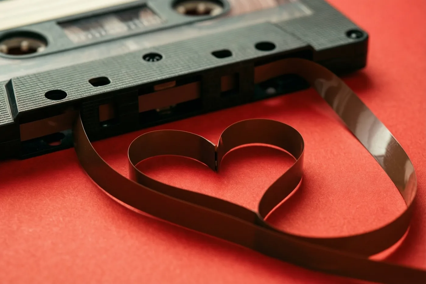 Een zwart cassettebandje ligt op een felrode ondergrond, met de uitgetrokken magneetband in de vorm van een hart.