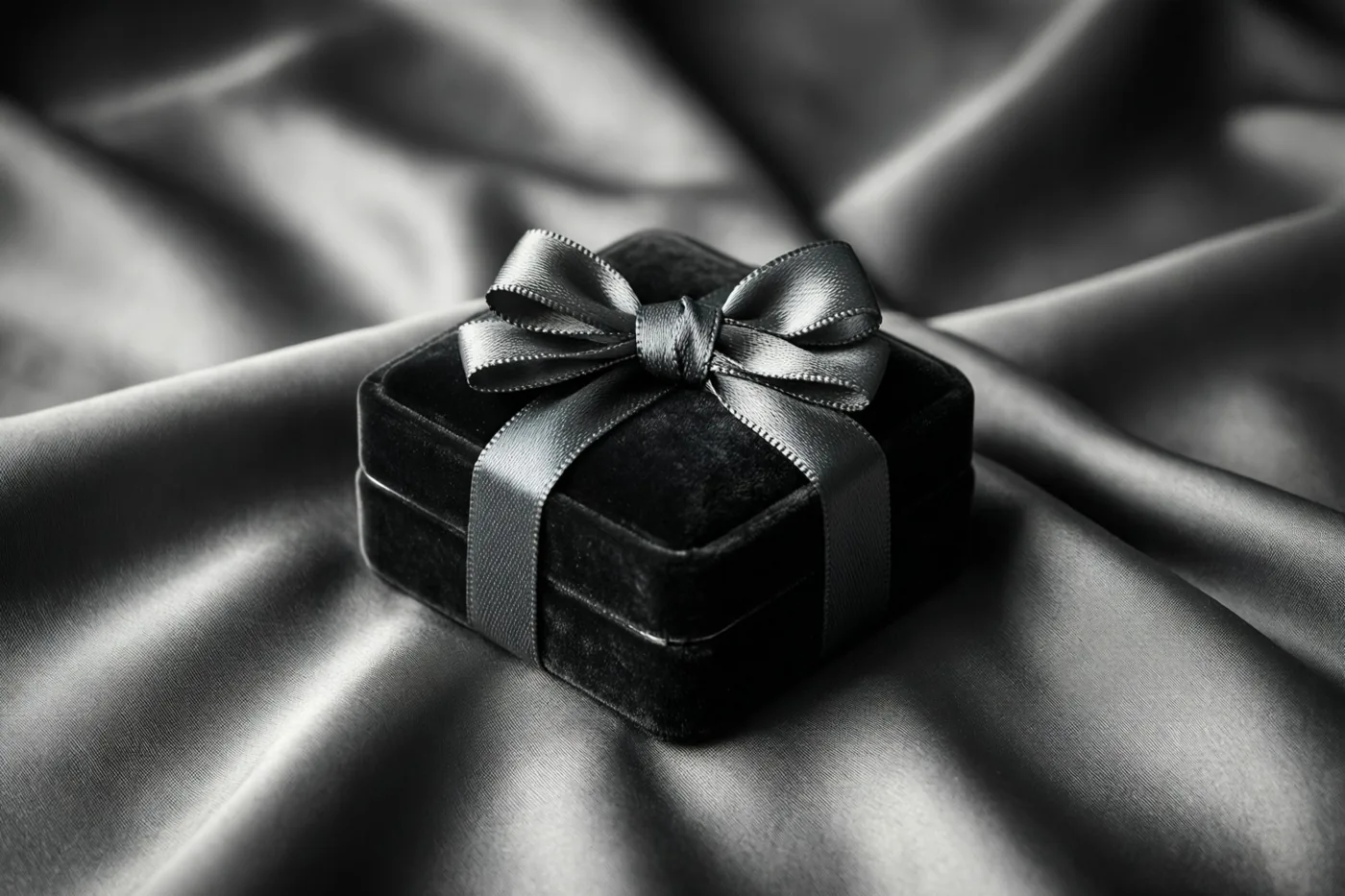 Een klein zwart fluwelen juwelendoosje met een zwarte satijnen strik rust op gedrapeerde zwarte zijde in een monochroom beeld.