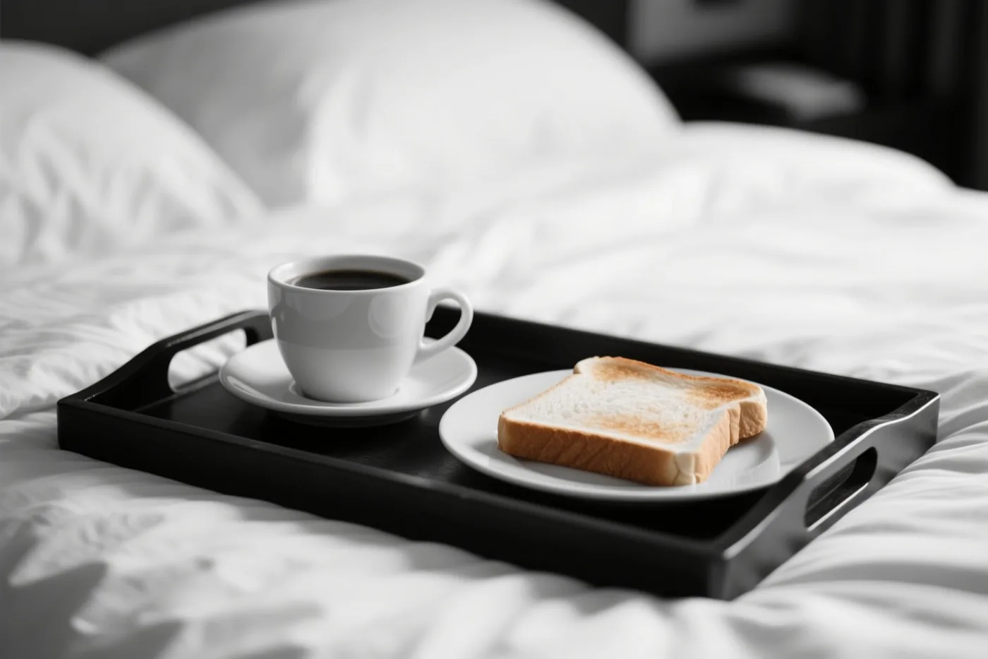 Een zwart dienblad met een witte kop koffie en een snee toast op een wit bord staat op verkreukeld wit beddengoed in zacht licht.