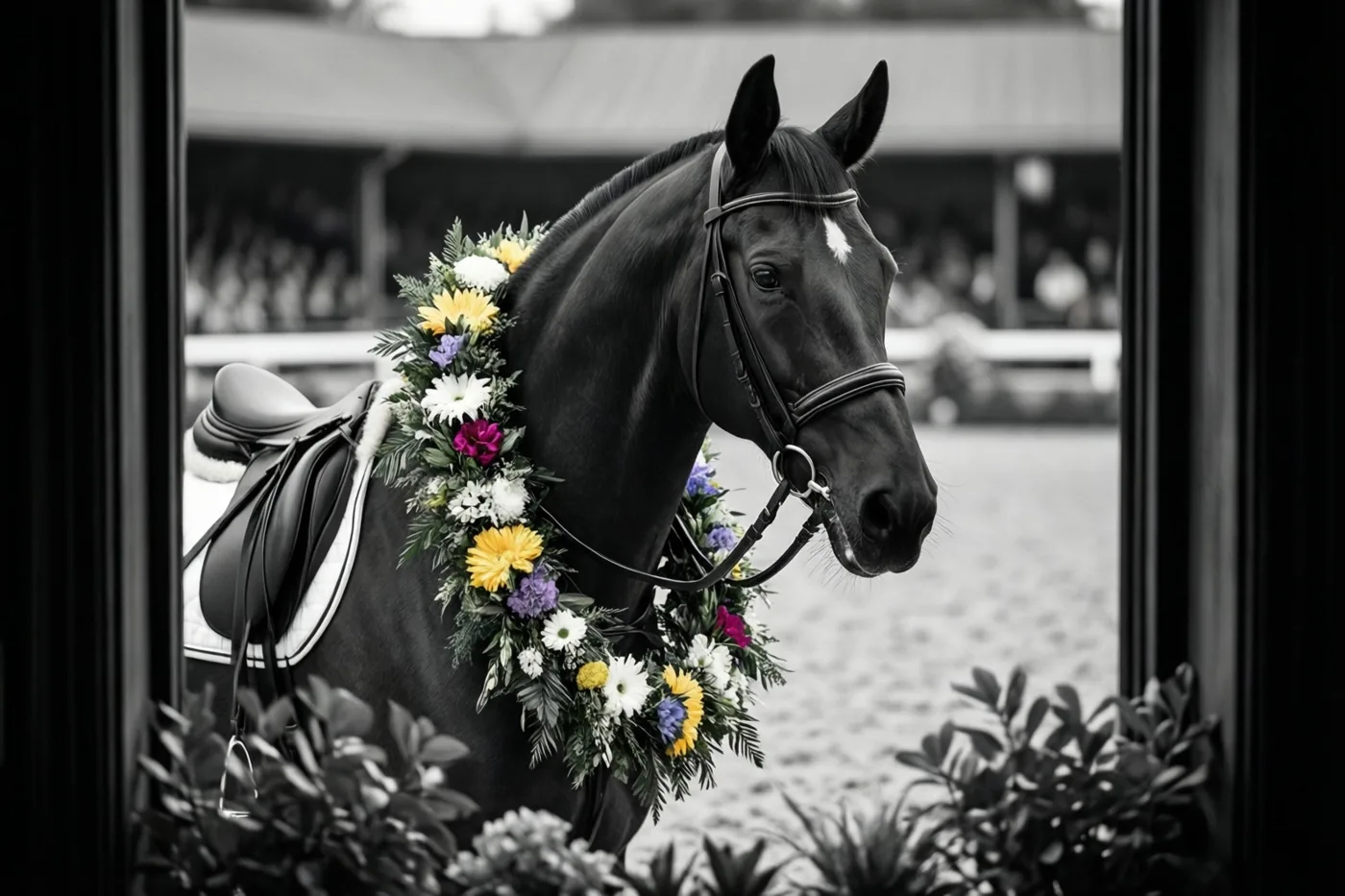Door een raam zie je een zwart paard met een kleurrijke bloemenkrans in een piste, waarbij de bloemen afsteken tegen de zwart-witte omgeving.