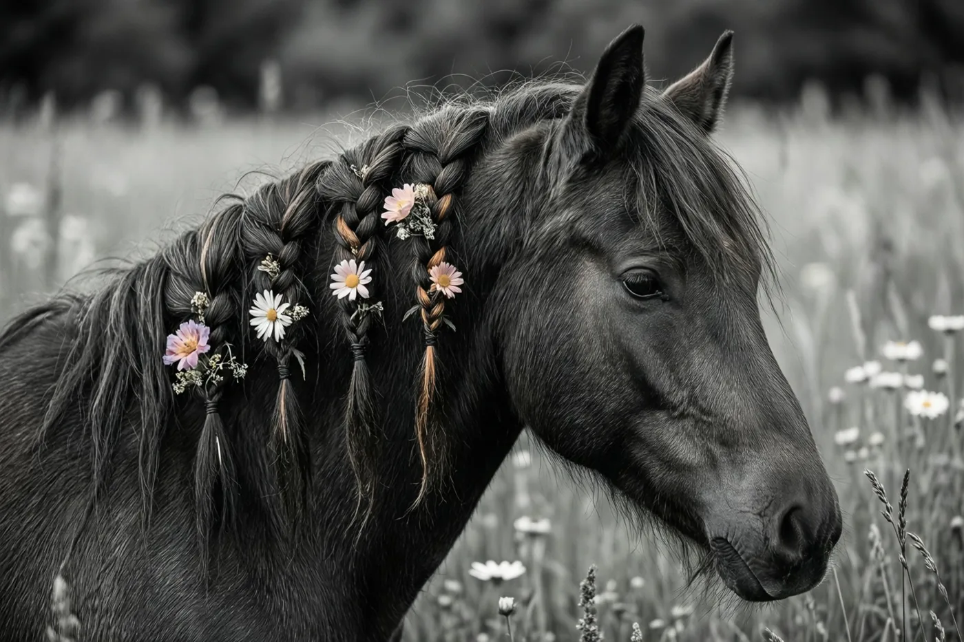 Een zwart paard met kleine bloemen in zijn gevlochten manen staat in een weide, waarbij alleen de bloemen kleur hebben in het verder monochrome beeld.