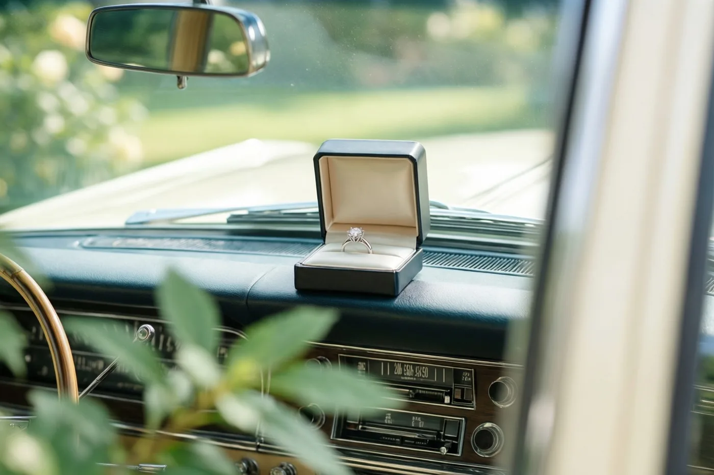 Een open zwart ringdoosje met een ring met één diamant staat op het dashboard van een oldtimer in zacht daglicht, met groen achter de voorruit en op de voorgrond.