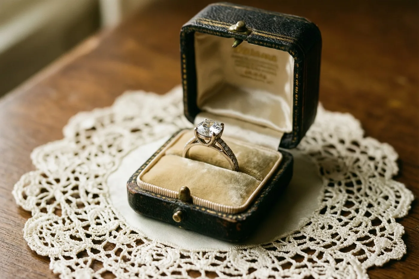 Een open zwart vintage ringdoosje met een ring met één diamant staat op een wit kanten kleedje op een houten tafel in warm licht.