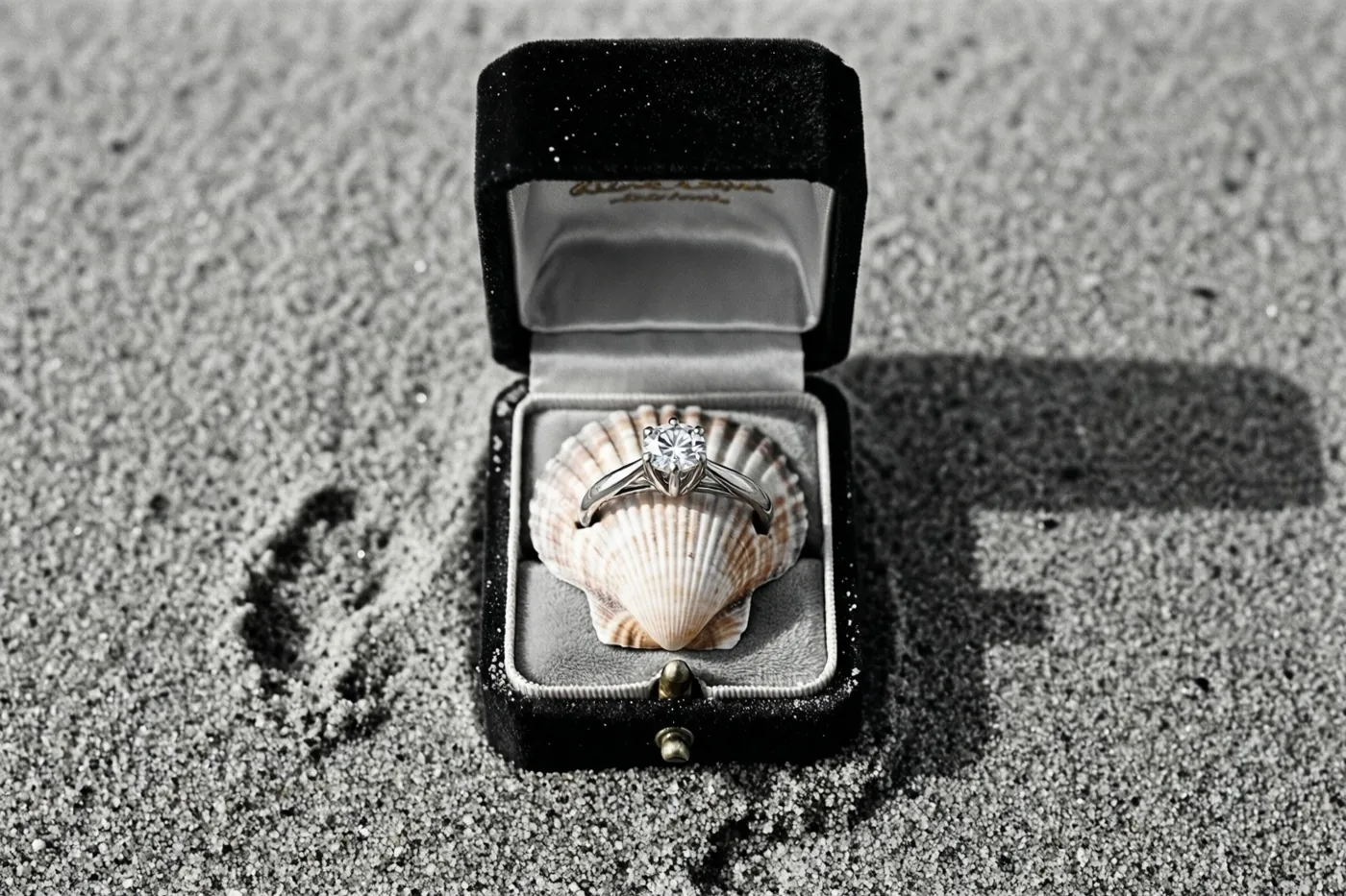 Op een zwart-witfoto ligt een open zwart fluwelen ringdoosje op het zand, met een ring met één diamant op een schelp.